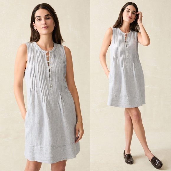 Faherty Isha Dress Blue Mini Stripe 100% Linen Dress Size XS - Picture 1 of 8